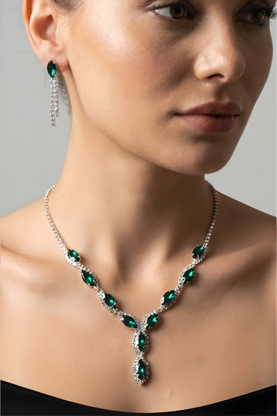 Valmont Accessories Yeşil Mekik Taşlı Su Yolu Kolye Küpe Takı Seti - Düğün, K...