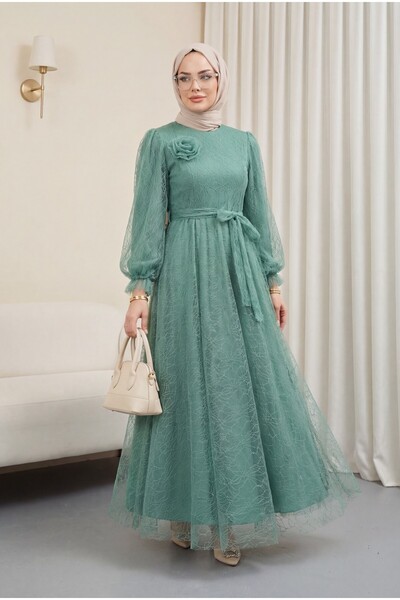 HİJABAYA Rochie de seară din tul pufos cu sclipici, cu mâneci elastice