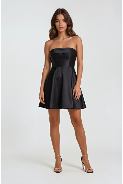 Spazio İvona Straplez Yaka Mini Abiye Elbise SİYAH