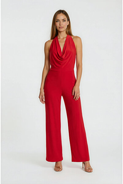 Spazio Falcon Degaje Yaka Boyundan Bağlamalı Abiye Tulum KIRMIZI