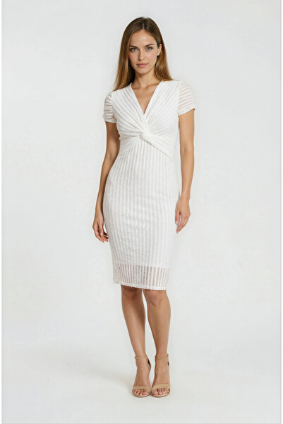 Spazio Ormanna V Yaka Beli Düğümlü Kısa Kol Elbise EKRU