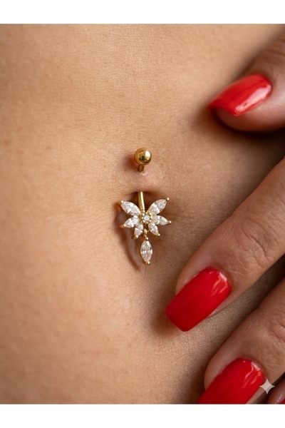 kurukafagift Göbek Çelik Piercing Zirkon Taşlı Kelebek Çiçek Figürlü Damla Taşlı