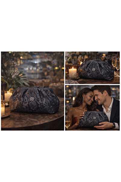 dukidasoturkiye Siyah Yılan Derisi Desenli Büzgülü Kadın Portföy Çanta | Siya...