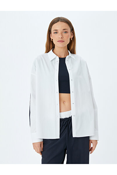 Koton Uzun Kollu Çizgili Detaylı Poplin Oversize Gömlek