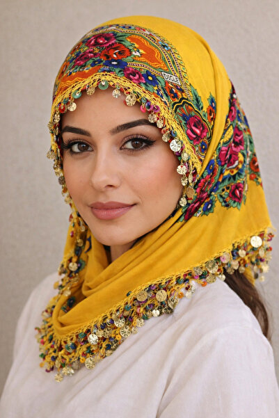 ASYA PAZARLAMA وشاح كارادينيز ليزال أصفر، وشاح خشبي مزين بالخرز، قماش تول، كي...