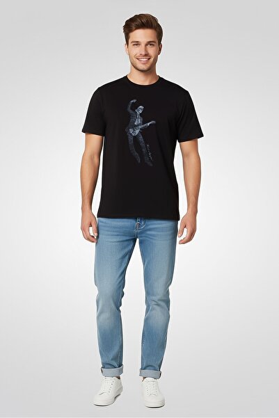 Karl Lagerfeld تي شيرت رجالي بطبعة جرافيكية بأكمام قصيرة ورقبة دائرية، أسود