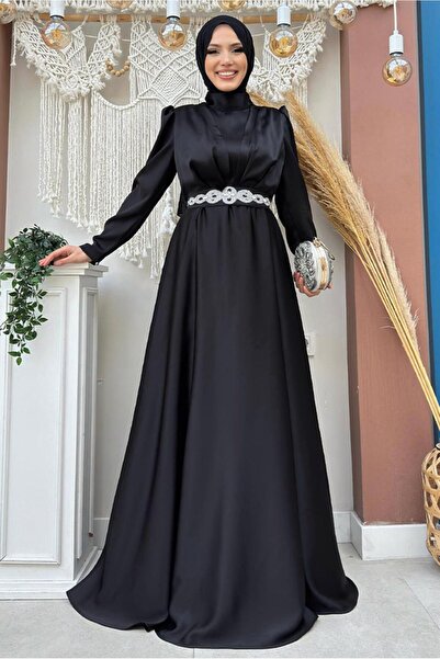 TRENDTESETTÜR KADIN SİYAH KUŞAKLI SATEN ABİYE ELBİSE T 3683