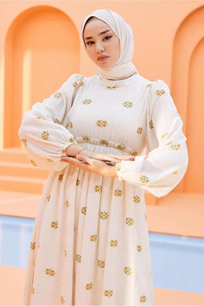 TRENDTESETTÜR KADIN KREM (KREM-ORANJ) DESENLİ ELBİSE T 74542