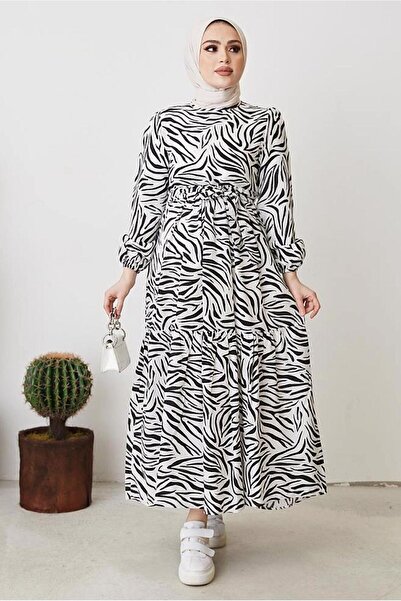 TRENDTESETTÜR KADIN SİYAH ZEBRA DESENLİ KUŞAKLI ELBİSE T 104