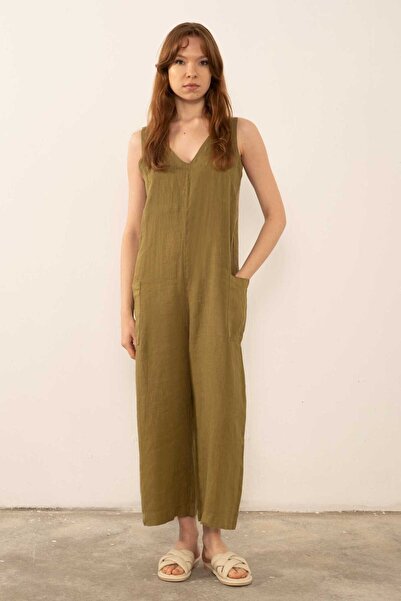 İpekçi Otantik Saf Keten V Yaka Kadın Tulum