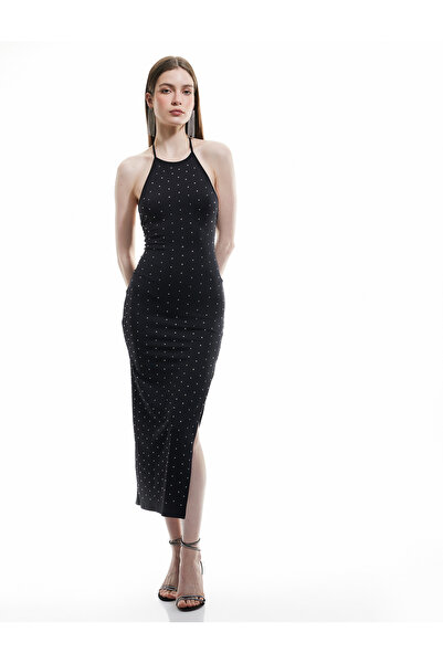 Koton Rochie de seară lungă cu decolteu cu șarmuire, strasuri