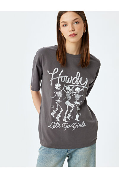 Koton Tricou cu mânecă scurtă, cu imprimeu cu craniu, cu decolteu rotund