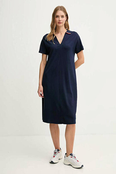Tommy Hilfiger Kadın Rahat Kalıp V Yaka Pamuklu Midi Boy Lacivert Elbise WW0W...