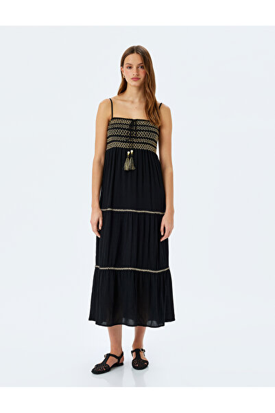 Koton Kroşe Detaylı İnce Askılı Viskon Uzun Elbise