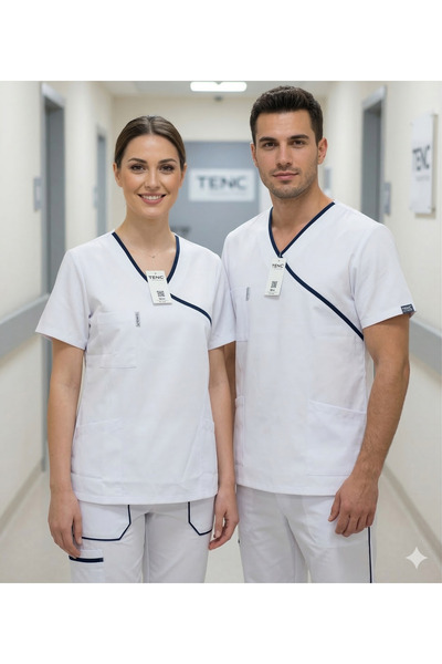 temex MEDİKAL HEMŞİRE DOKTOR ÜNİFORMA UNISEX LACİVERT BİYELİ BEYAZ SCRUBS İŞÇ...