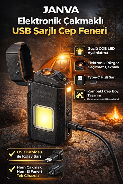 Genel Markalar Çakmaklı Ultra Güçlü Işık El  Cep Feneri Usb Şarjlı Anahtarlık...