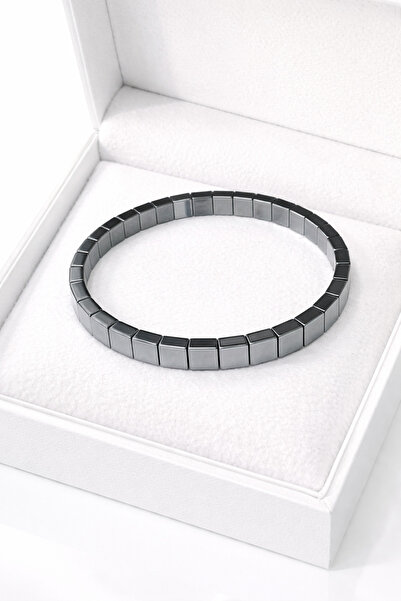 Agatella Tasarım Hematite Square Stone Men's Bracelet – Natural Stone – Elast...
