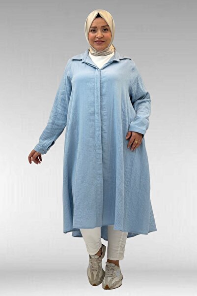 Eslina 58093 Büyük Beden Mevlana Kesim Müslin Gömlek - Bebe Mavi