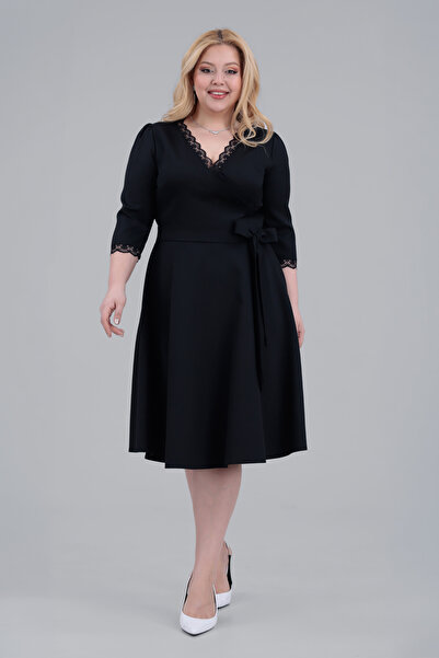 MAG FASHİON Τριών τετάρτων μανίκια, μαύρο φόρεμα μεγάλου μεγέθους, γιακάς, μα...