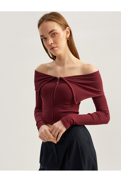 Koton تي شيرت بسحاب مكشوف الكتفين وأكمام طويلة