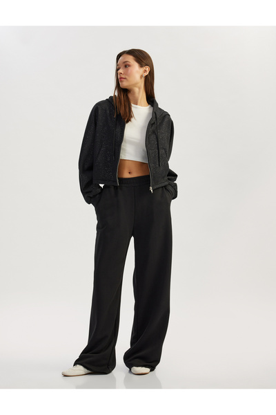 Koton Silvery Long Sleeve Hooded Crop Sweatshirt with Back Print