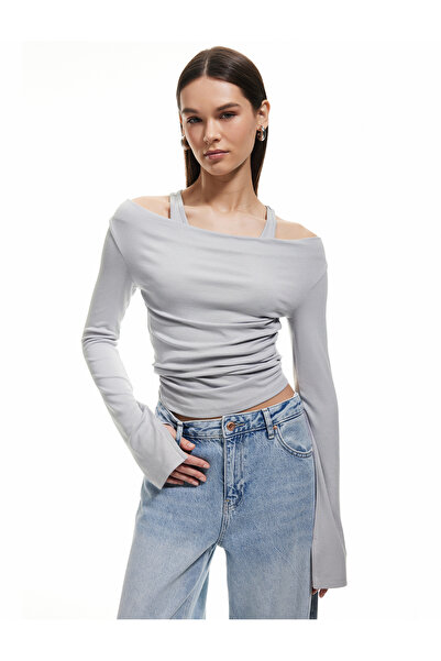 Koton Μακρυμάνικο μπλουζάκι με λαιμόκοψη Degaje με λεπτομέρεια με ντραπέ