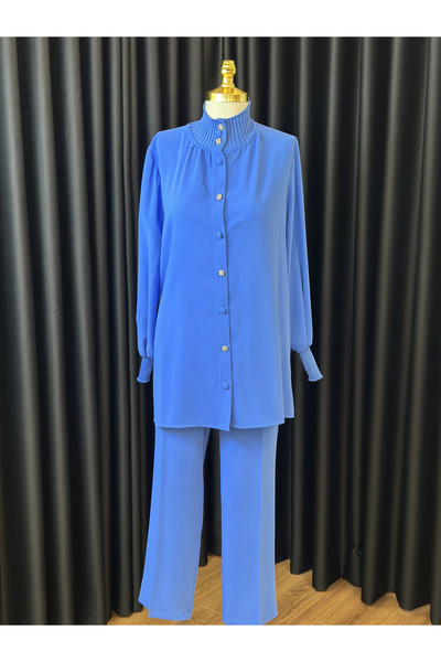 qupra Yaka ve Kol Triko Garnili İndigo Renk Takım