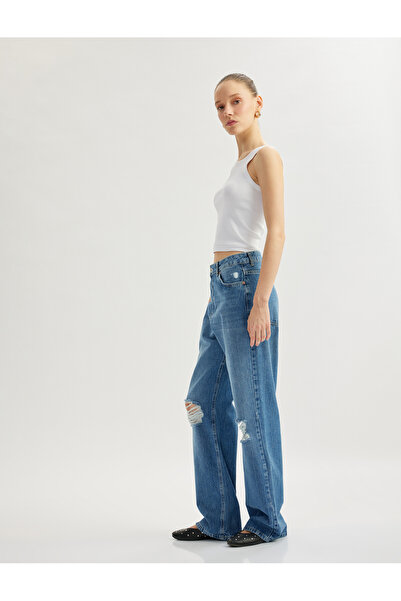 Koton Yüksek Bel Yıpratma Detaylı Pamuklu Denim Pantolon - Straight Jeans