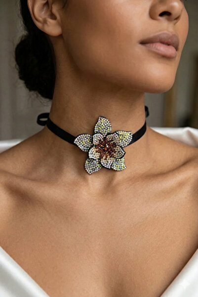 PETEK AKSESUAR PARLAK TAŞLI ÇİÇEK CHOKER KOLYE
