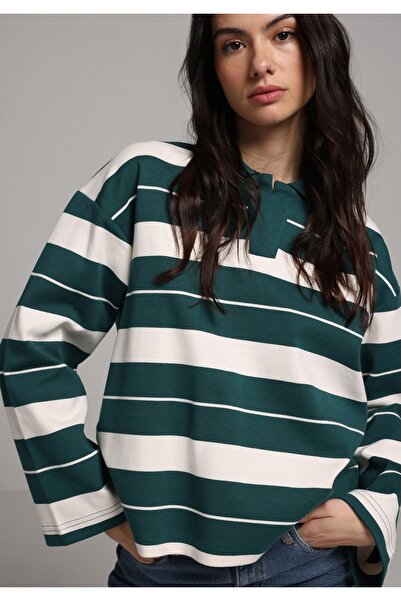 Colin's Tricou cu mânecă lungă, verde, cu guler polo, cu dungi, pentru femei