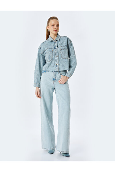 Koton Taş Detaylı Geniş Paça Düğmeli Cepli Denim Pantolon - Wide Leg Jeans