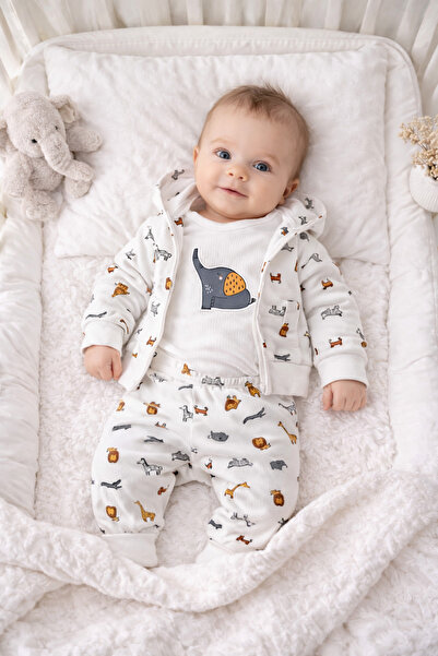 Nayinom Erkek Bebek 3’lü Takım Uzun Kollu Zıbın, Kapüşonlu Hırka ve Pantolon ...