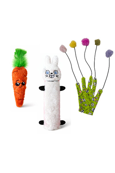 Miyav 3’lü Kedi Oyuncak Seti – Hışırtılı Peluş Tavşan, Catnipli Tüylü Havuç v...