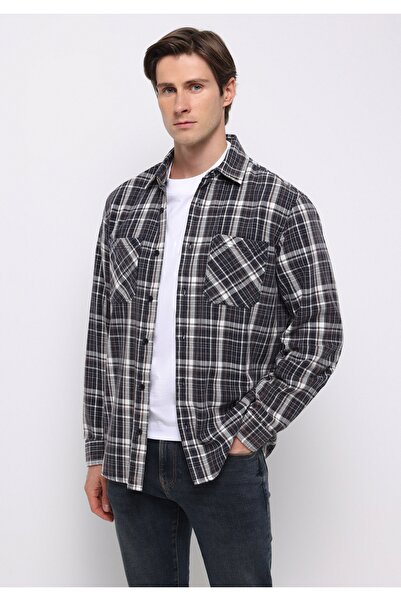 Colin's Comfort Fit Shirt Neck Plaid Men's Navy Blue Long Sleeve Shirt