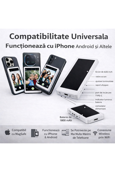 NOAMAG Monitor magnetic pentru selfie și vlog – compatibil iPhone & Android Alb