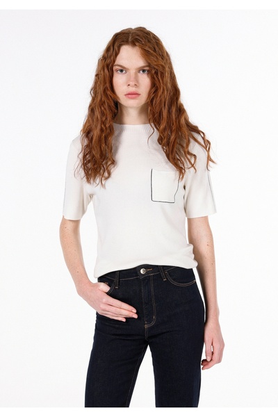 Colin's Slim Fit Mock Neck Women's Ecru Short Sleeve Sweater