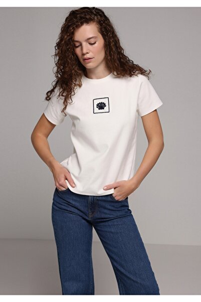 Colin's Tricou alb cu mânecă scurtă pentru femei, cu broderie cu gât rotund