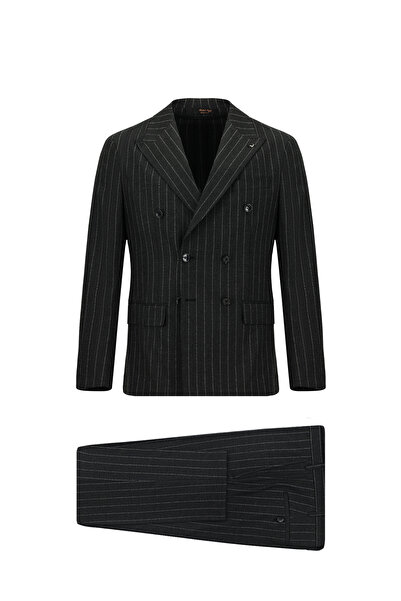 Abdullah Kiğılı 7 Drop Super Slim Fit Eksra Dar Kesim Yünlü Çizgili Kruvaze T...