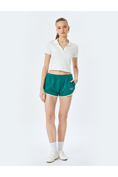Koton Cep Detaylı Beli Lastikli Slogan Baskılı Biyeli Slim Fit Mini Şort