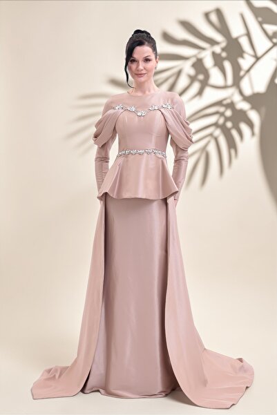 BDM Exclusive Tafta Taş İşlemeli Drape Kollu Peplum Premium Abiye Elbise