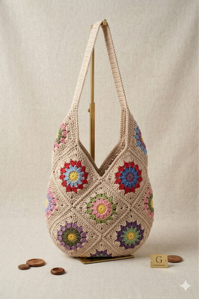 Masal Örgü Evi Masal Renkli El Yapımı Örgü Kadın Omuz Çantası Kroşe Tote Çanta