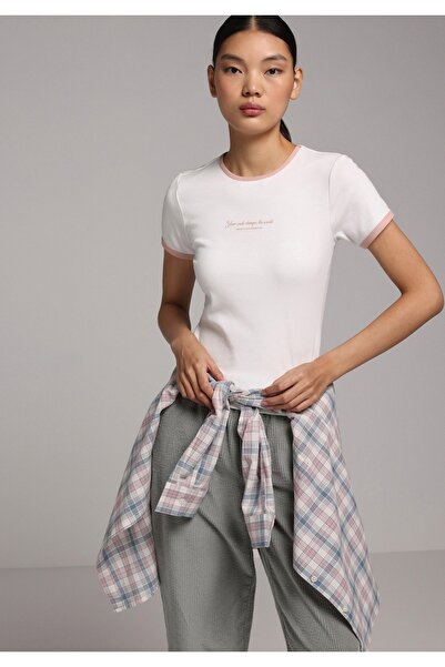 Colin's Tricou alb cu mânecă scurtă pentru femei, cu decolteu rotund, slim fit