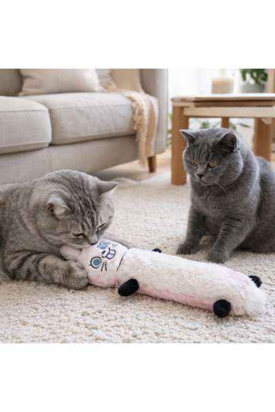 Miyav Peluş Tavşan Kedi Tekmeleme Oyuncağı – Ponponlu Hışırtılı Sarılma Oyuncağı 32x8 cm