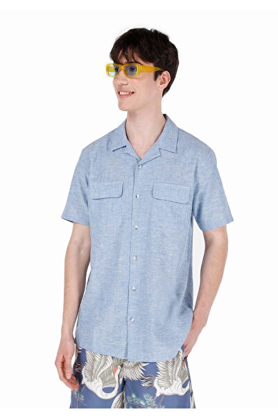 Colin's قميص مريح برقبة قميص عادي للرجال باللون الأزرق بأكمام قصيرة