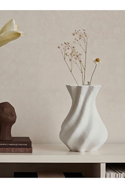 TAŞ ART Spiral Decorative Vase - White Matte Textured Design Cobalt I