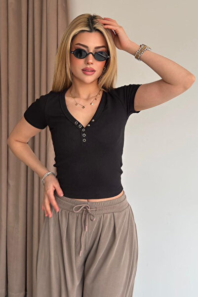 Noa&Noa Stretch Fabric Button V-Neck Ribbed Knit Blouse – Pink Soft