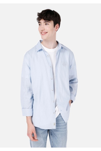 Colin's قميص مريح برقبة مسطحة للرجال باللون الأزرق بدون جيوب وأكمام طويلة