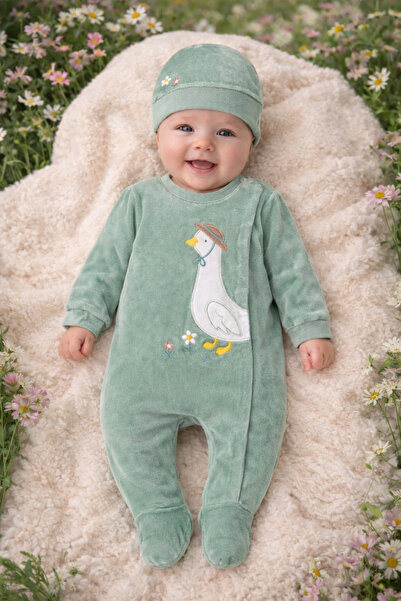 İNDİGO طقم بدلة للأطفال البنات مصنوع من القطيفة الخضراء مع تفاصيل مطرزة