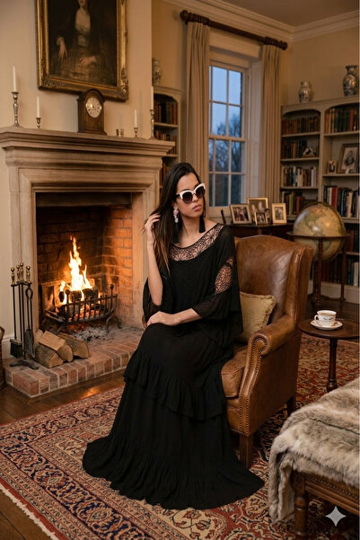 Hazinedan فستان سهرة طويل إيطالي أسود مطرز بتفاصيل دانتيل بوهيمي للنساء