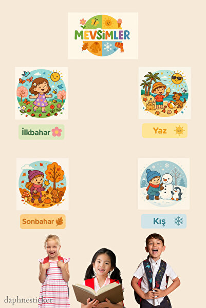 Tasarım Mevsimler Anaokulu Kreş Okul Eğitici Duvar Sticker Seti, Cam Sticker